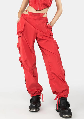 Red Nylon Tactical Pants With Detachable Panty