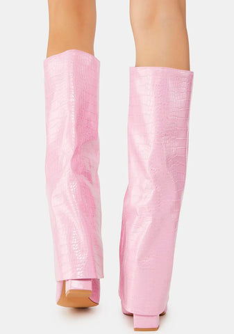 Pink Zendaya Croc Pointed Toe Knee High Boots