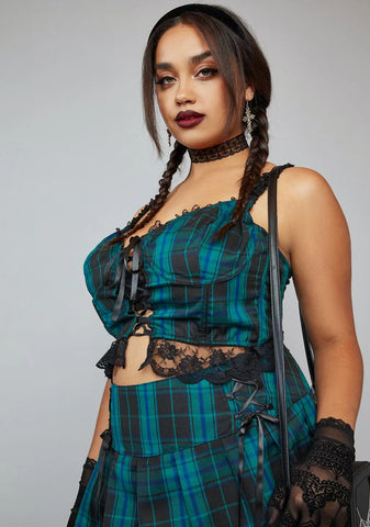 Teal Miss Charm School Dropout Plaid Corset Top