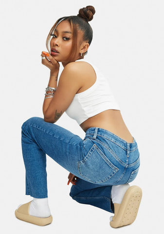 Cropped Straight Leg Medium Denim Jeans