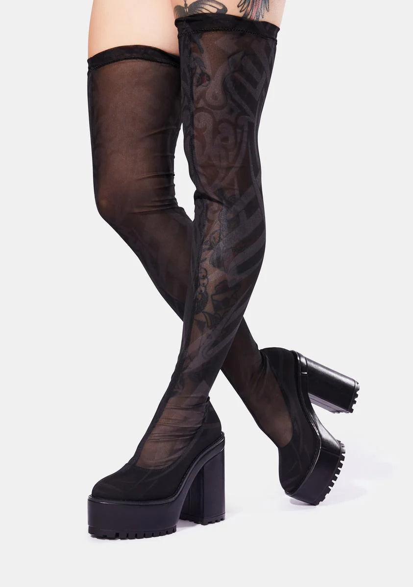 Snare Tattoo Print Mesh Thigh High Boots