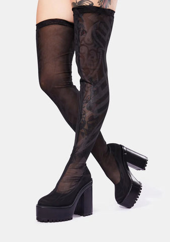 Snare Tattoo Print Mesh Thigh High Boots
