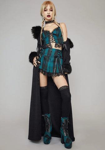 Teal Charm School Dropout Plaid Corset Top