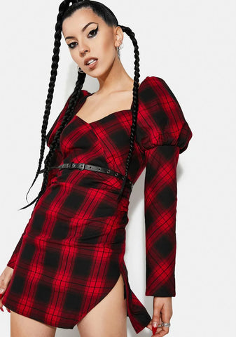 Red And Black Plaid Princess Sleeve Dress