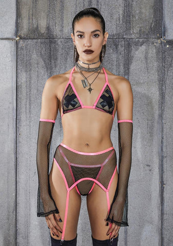 Snare Pink Piping Fishnet 4-Piece Garter Set
