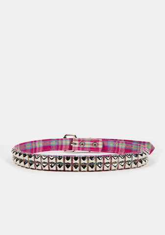 Pink Plaid Belt With Pyramid Studs