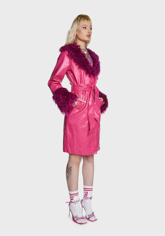 Pink Faux Leather Fur Trim Coat