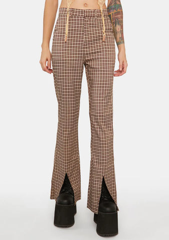 Brown Check Split Hem Trousers