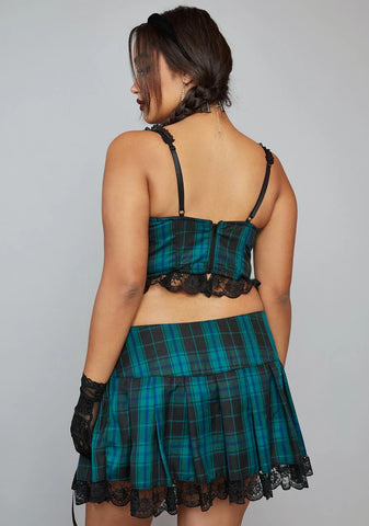 Teal Miss Charm School Dropout Plaid Corset Top