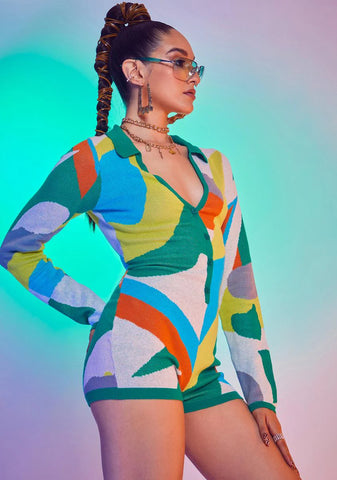 Abstract Art Print Long Sleeve Romper