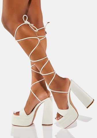 White Robin Lace-Up Platform Heels
