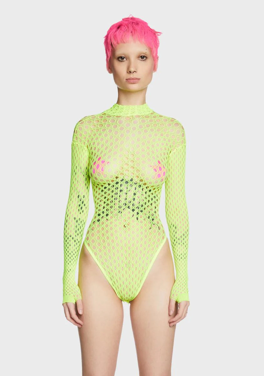 Fever Long Sleeve Zipped Bodysuit - Neon Yellow