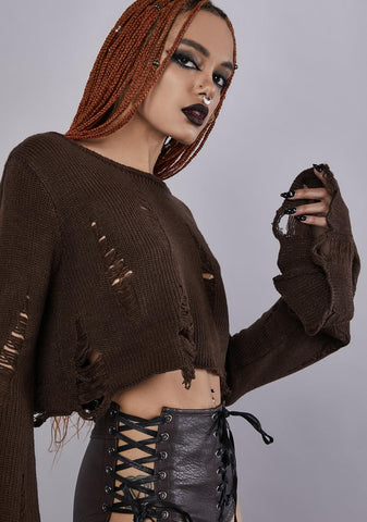 No Path Before Distressed Sweater - Brown