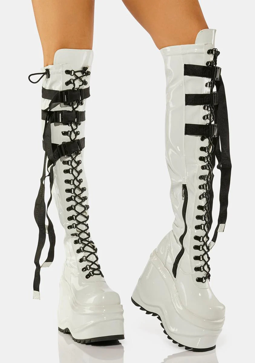 White Patent Wave-315 Thigh High Boots