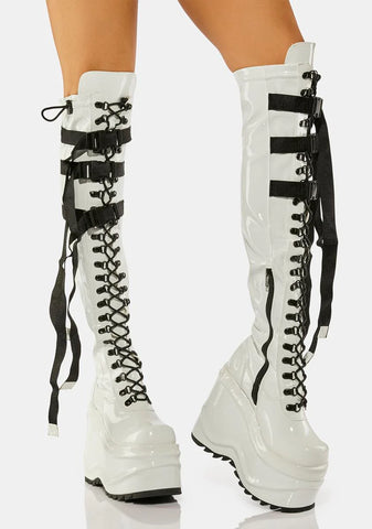 White Patent Wave-315 Thigh High Boots