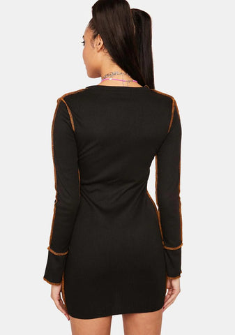 Exposed Stitch Long Sleeve Mini Dress