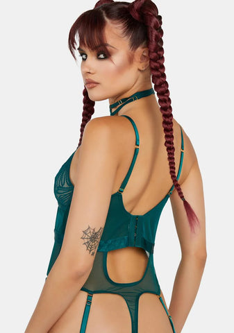 WW x Sammi Forest Green Satin & Lace Wired Harness Bodysuit