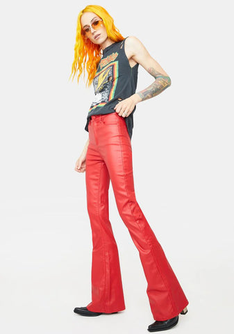 Red Vegan Leather Flare Pants