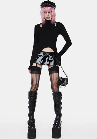 High Collar Pointed Hem Cut Out Top