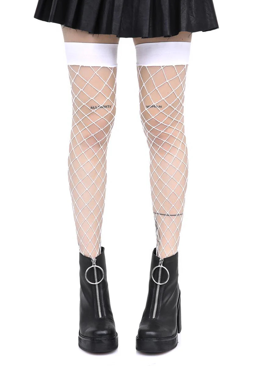 Worship Me White Fence Net Thigh Highs