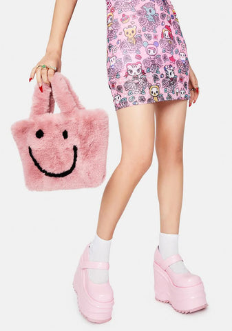 Pink Smiley Face Faux Fur Bag