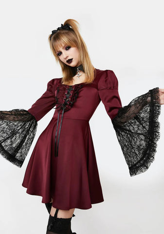 Burgundy Mini Dress With Lace Sleeves