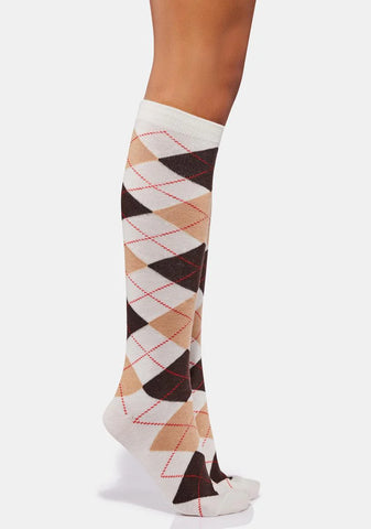 White Argyle Shades Knee High Socks