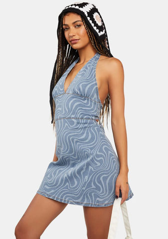 Denim Swirl Halter Mini Dress