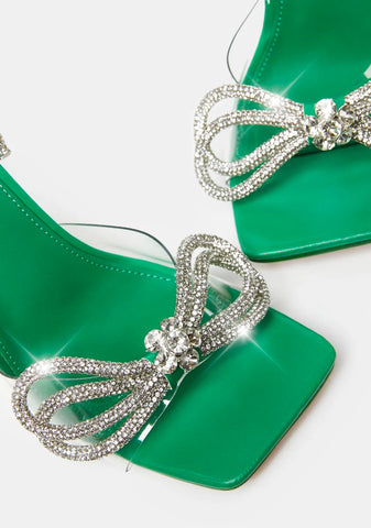 Green Glimmer Wrap Around Diamante Bow Heels