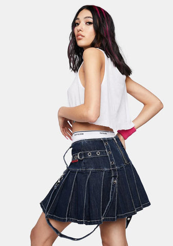 Denim Pleated Bondage Skirt