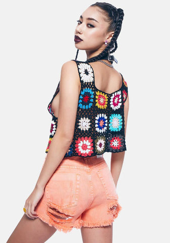 Orange Distressed Denim Shorts