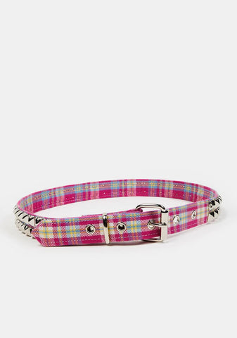 Pink Plaid Belt With Pyramid Studs