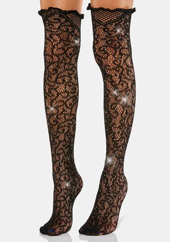 All Romance Rhinestone Fishnet Thigh High Socks