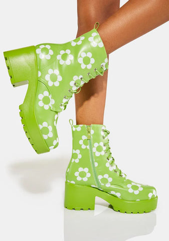 Orchis Charm Green Flower Power Combat Boots