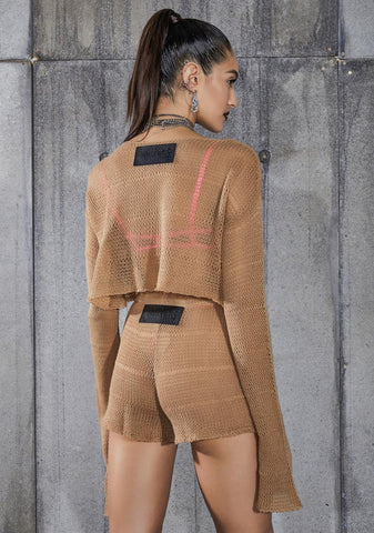 Snare Tan Cropped Longer Sleeve Sheer Knit Sweater