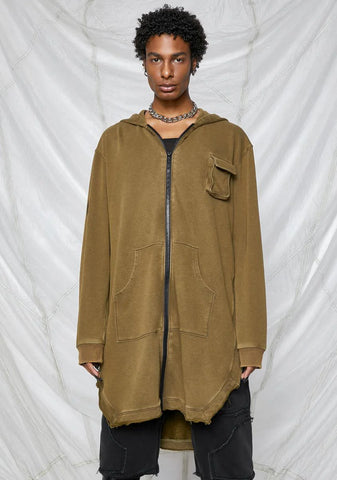 Synth Unisex Washed Olive Long Zip-Up Hoodie