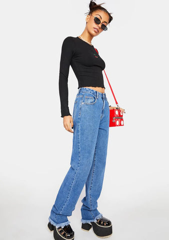 Long Straight Leg Jeans With Raw Hem