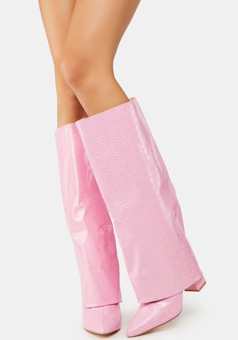 Pink Zendaya Croc Pointed Toe Knee High Boots