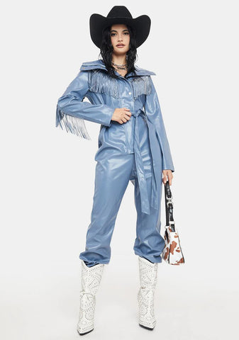 Periwinkle No Free Rides Fringe Jumpsuit