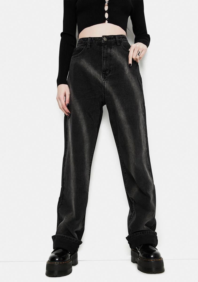 Washed Black Tie Dye Circle Effect Baggy Wide Leg Jeans