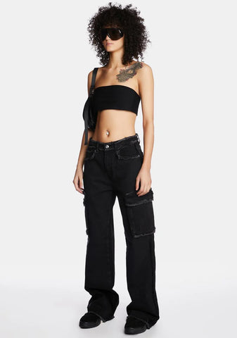 Black Denim Low Rise Baggy Cargo Jeans