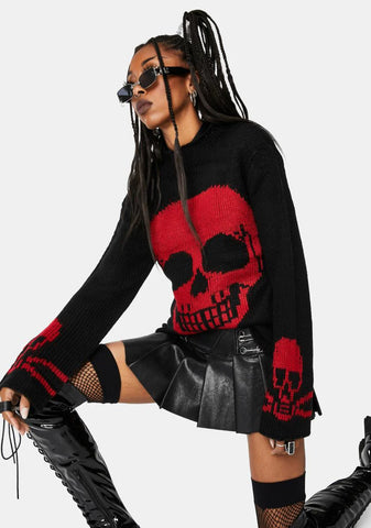 Red Knit Skull Sweater