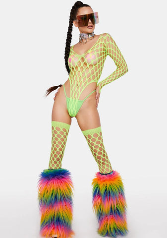 Neon So Alluring Fishnet Bodysuit & Stockings Set