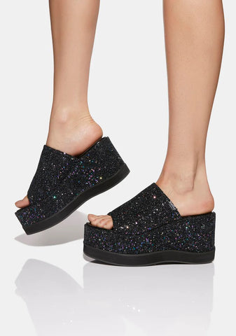 Black Glitter Bubble Platform Mules