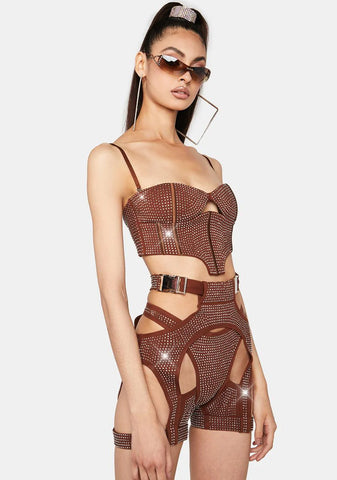 Brown Morph Rhinestone Cut-Out Shorts