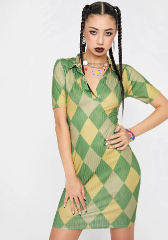 Argyle Print Collared Mini Dress