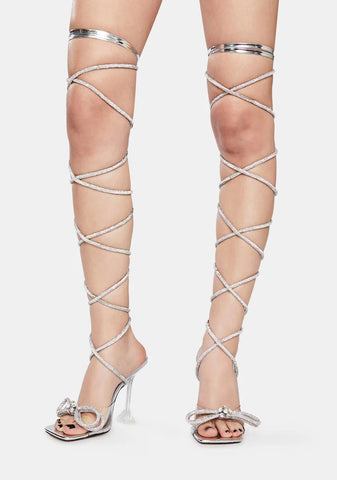 Silver Queenie Lace Up Diamante Wrap Heels