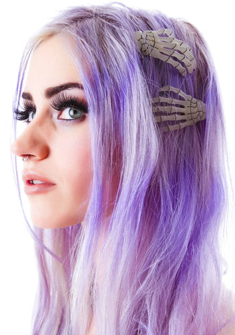 Skeleton Bone Hands Hair Slides - Gold