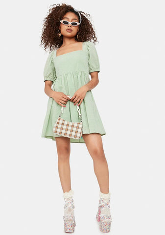 Sage Mellow Mood Puff Sleeve Mini Dress