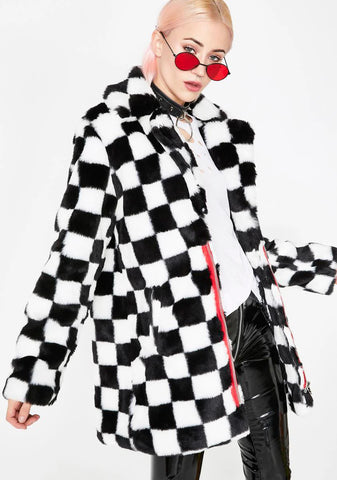 Mad Youth Checkered Faux Fur Coat